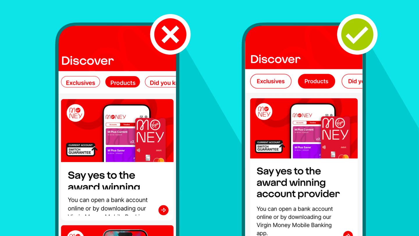 Image of two mobile phone screens side by side comparing designs that were cut off and designs that were usable.