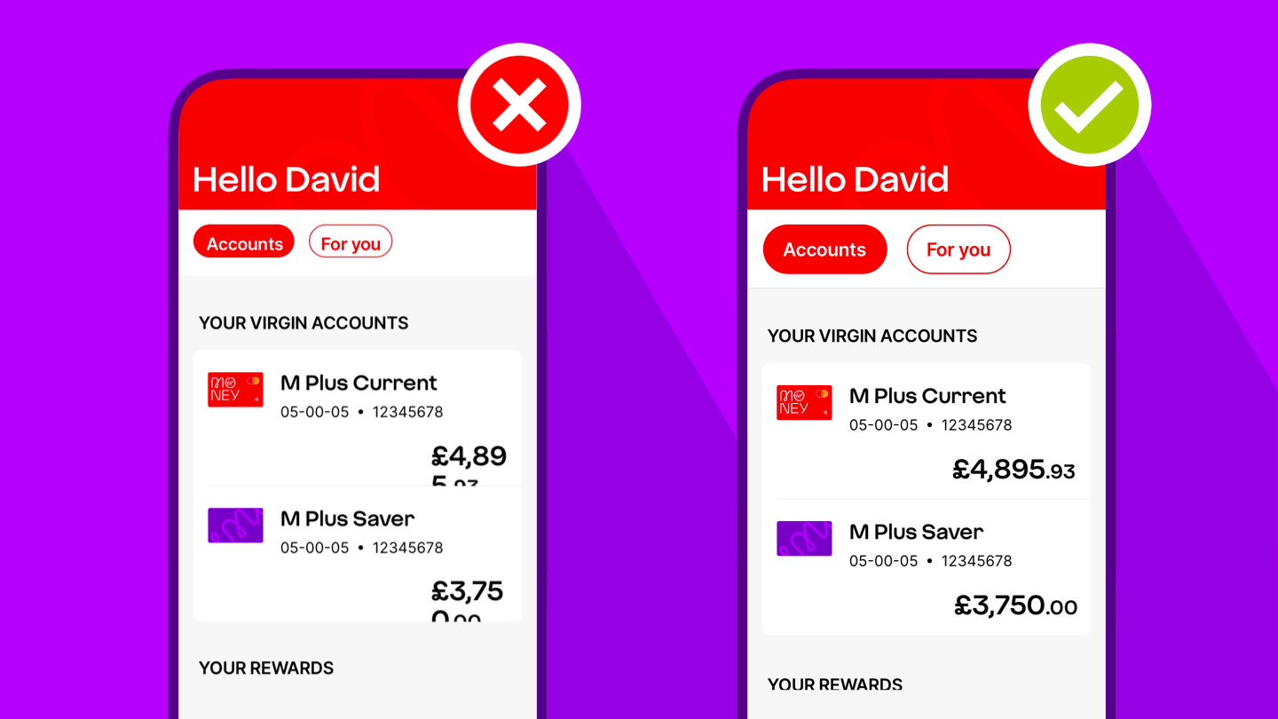 Image of two mobile phone screens side by side showing the customer’s balance with and without text wrapping
