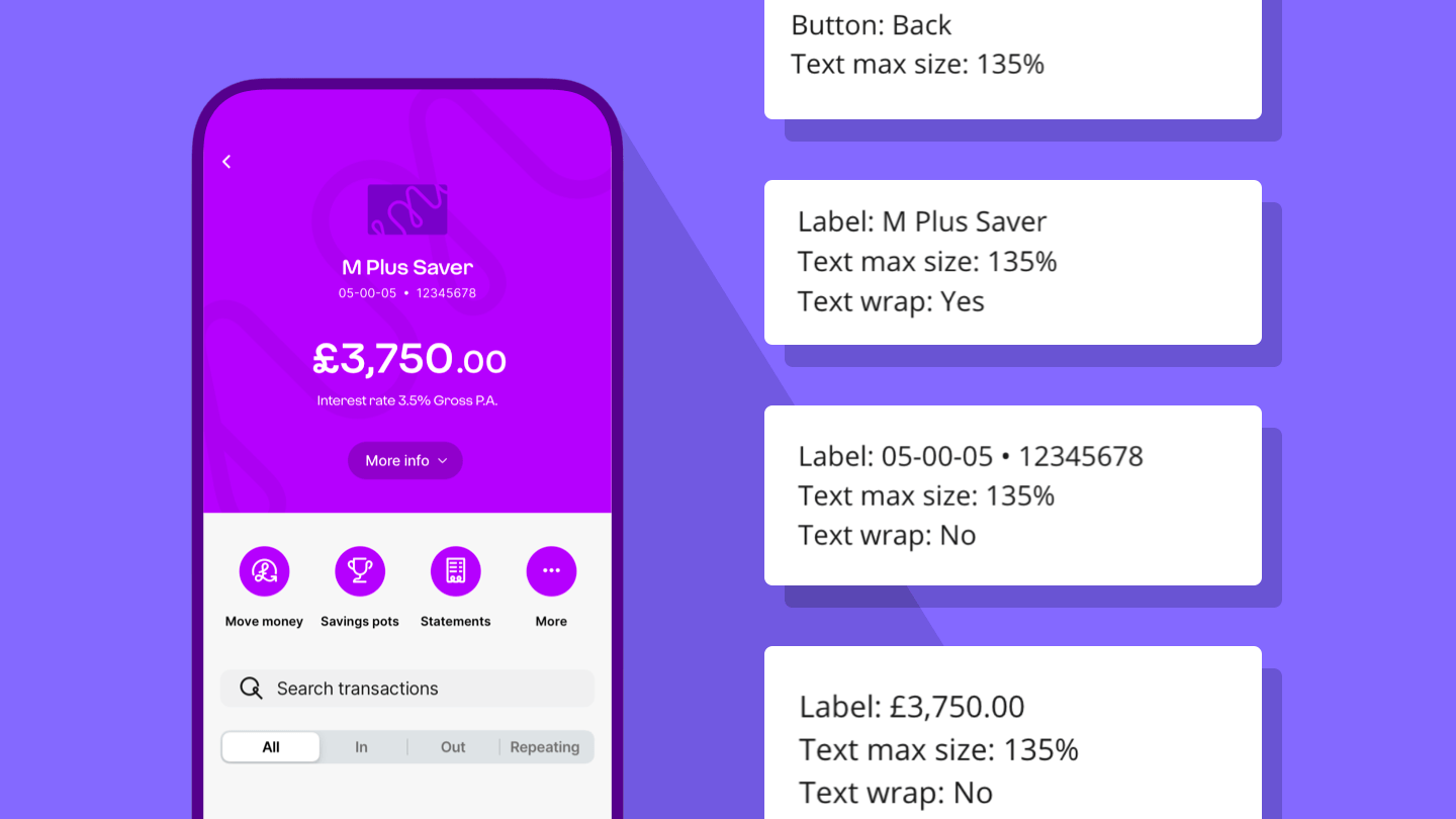 Image of mobile phone screen with an example of how the design is annotated to show engineers what text size to use and whether the text can wrap.