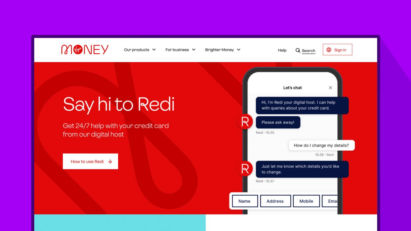 A red header with the heading ‘Say hi to Redi’ with an image of a smartphone populated with a conversation with Redi.